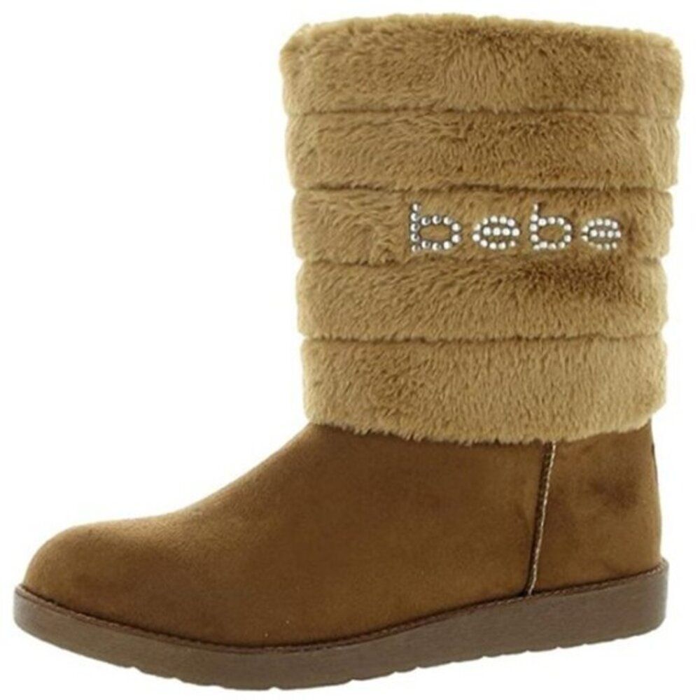 Bebe Women's Winterโ Boots Faux Shearling Rhinestone Logo Brown Shoes Size 7 $99